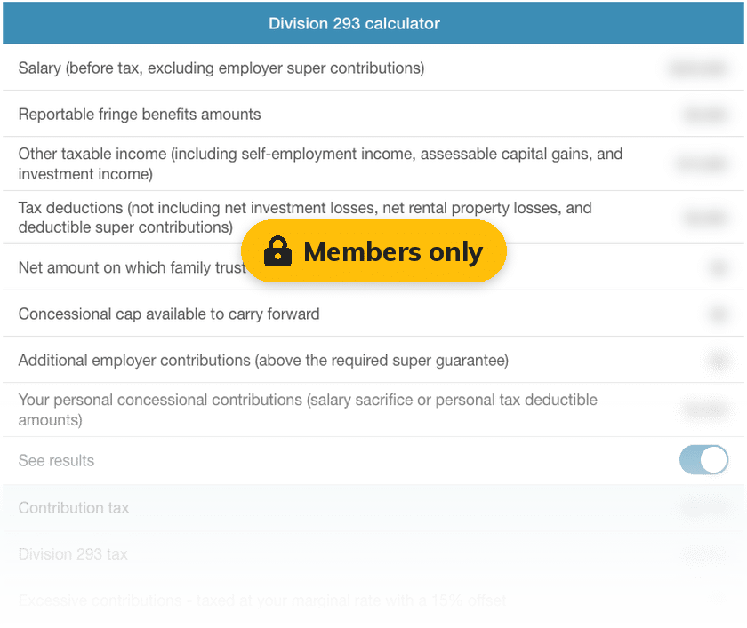 Preview of the SuperGuide Division 293 tax calculator, available to SuperGuide members